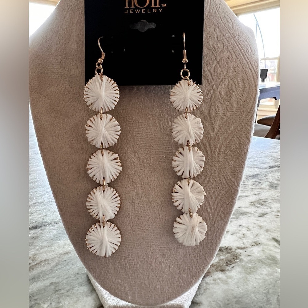 nOir Jewelry White Taffeta Wrapped Discs Dangle Earrings Gold Trim 4” B35